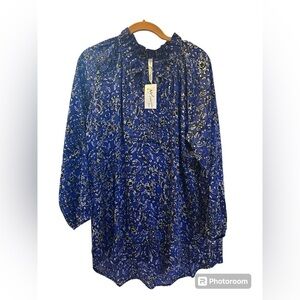 NY Collection blouse 1X plus size blue‎ ruffle v neck NWT whimsigoth